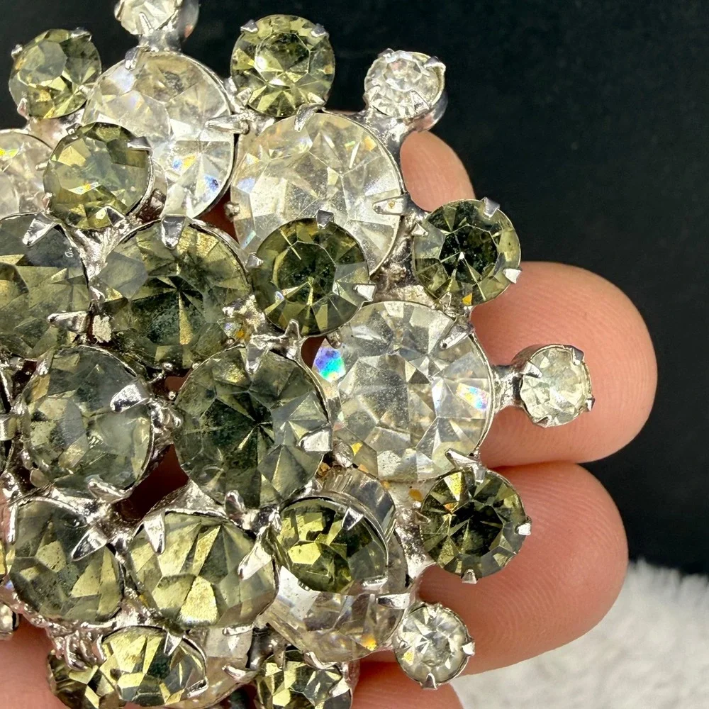 Vintage Rhinestone Brooch Olive Green Clear Sunburst Silver Tone
